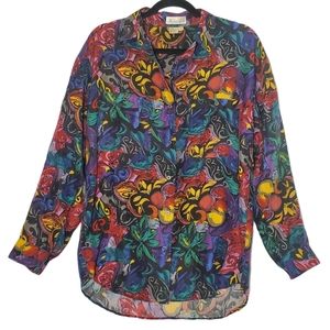Vintage Silk Floral Button Front Blouse Med "Naked Silk" Brand
